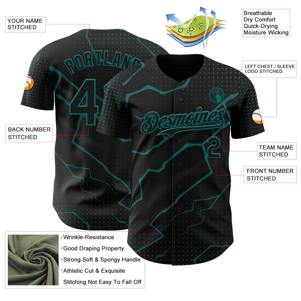 Custom Black Teal Lightning Polka Dot Authentic Baseball Jersey - Image 3