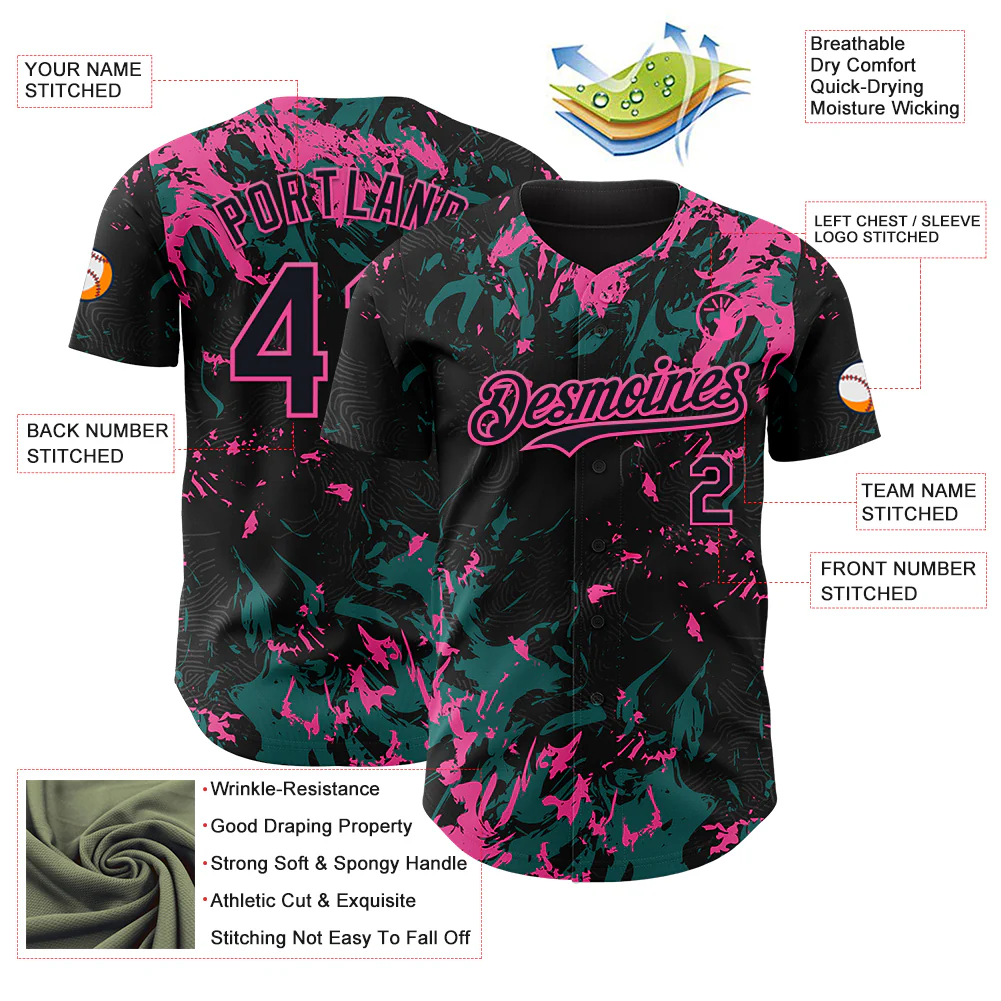 Custom Black Teal-Pink Splash Authentic Baseball Jersey - Image 3