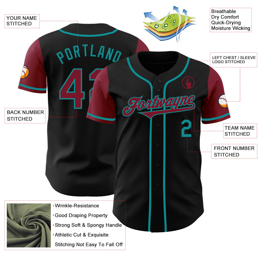 Custom Black Crimson-Teal Authentic Two Tone Baseball Jersey - Image 3