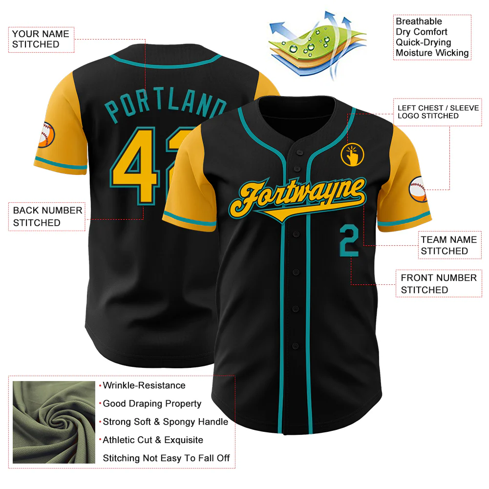 Custom Black Gold-Teal Authentic Two Tone Baseball Jersey - Image 3