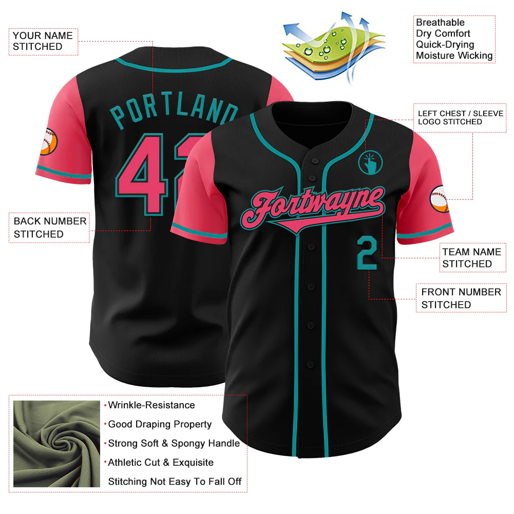 Custom Black Neon Pink-Teal Authentic Two Tone Baseball Jersey - Image 3