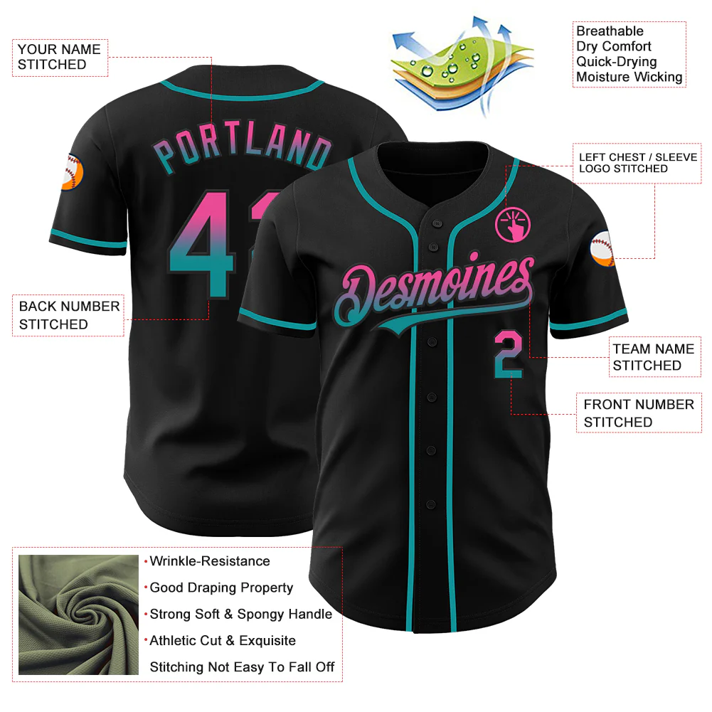 Custom Black Pink-Teal Authentic Fade Fashion Baseball Jersey - Image 3