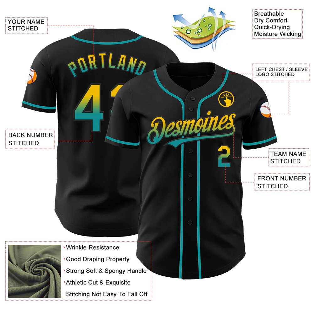 Custom Black Yellow-Teal Authentic Fade Fashion Baseball Jersey - Image 3