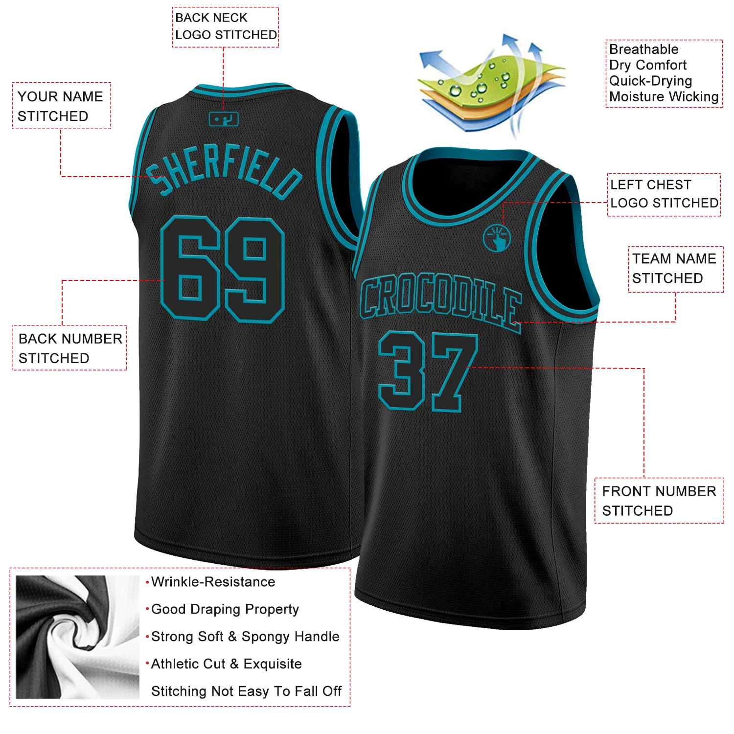 Custom Black Teal Authentic Basketball Jersey - Image 2