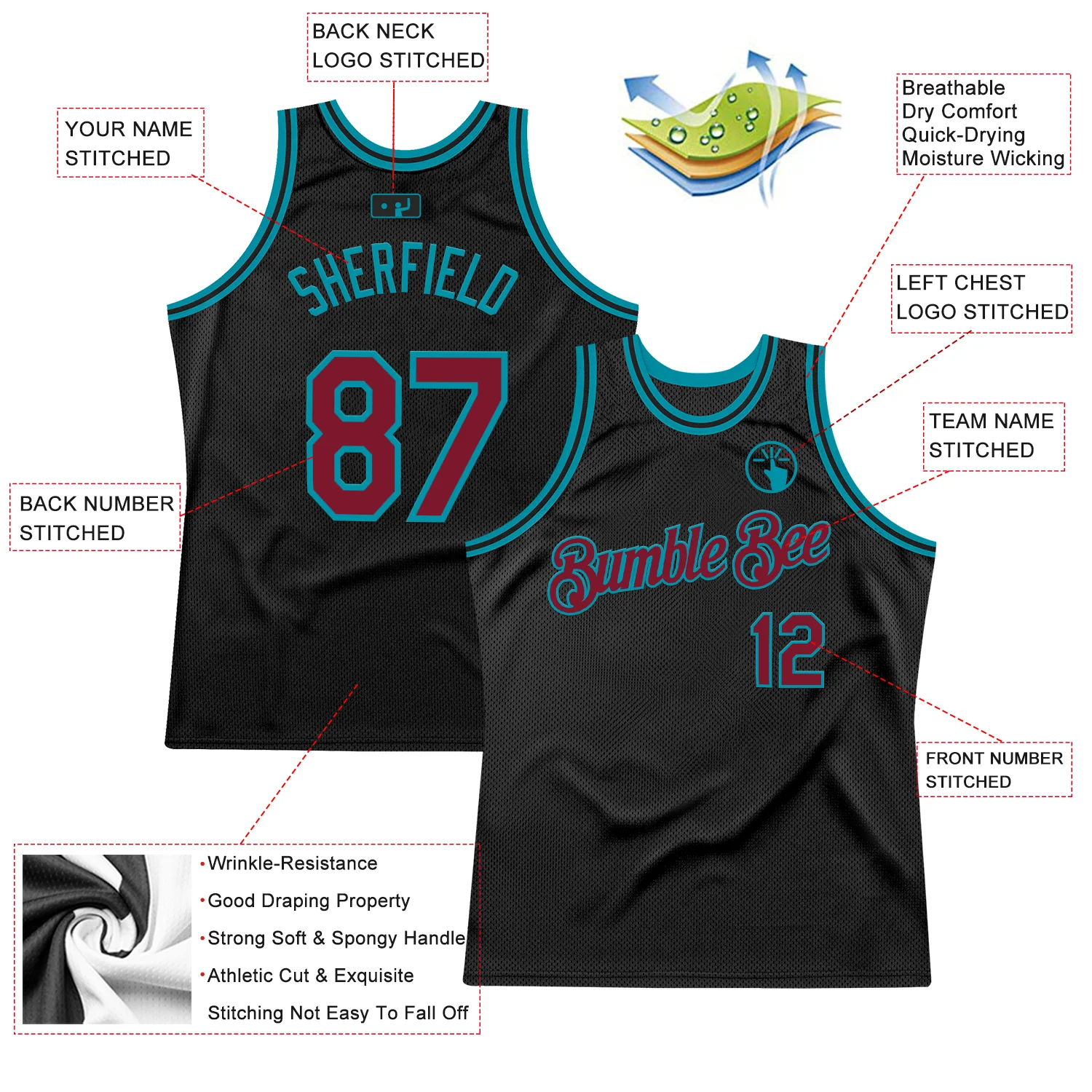 Custom Black Crimson-Teal Authentic Throwback Basketball Jersey - Image 2