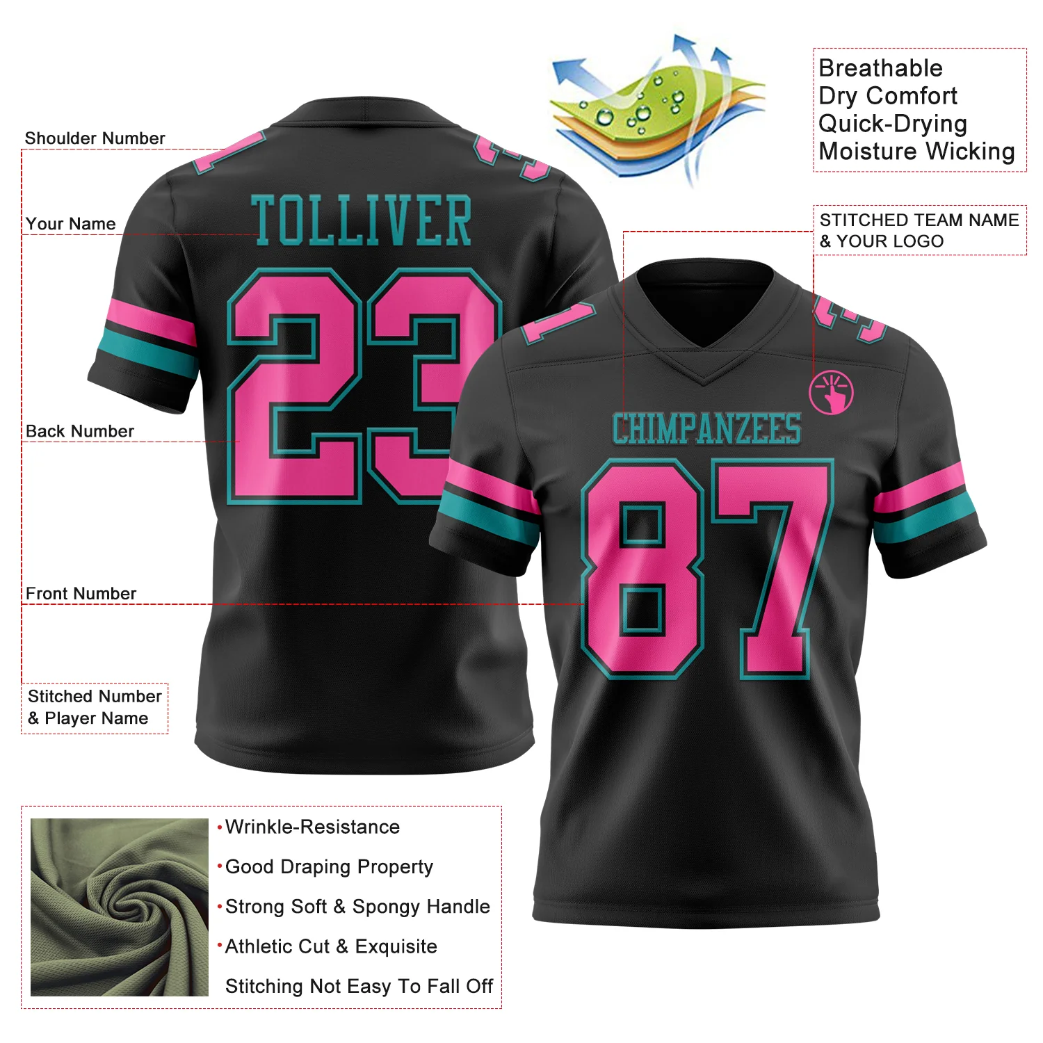 Custom Black Pink-Teal Authentic Football Jersey - Image 3