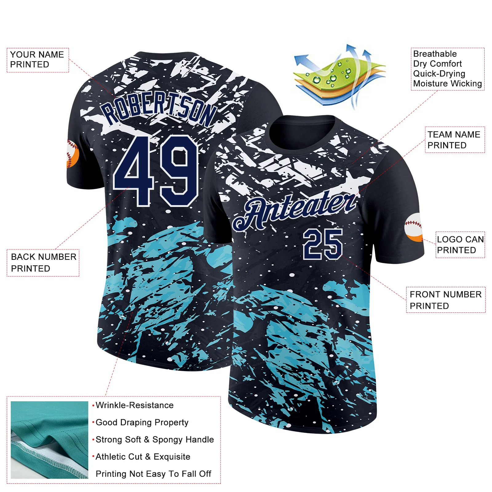 Custom Black Navy-Teal 3D Esports Performance T-Shirt - Image 2