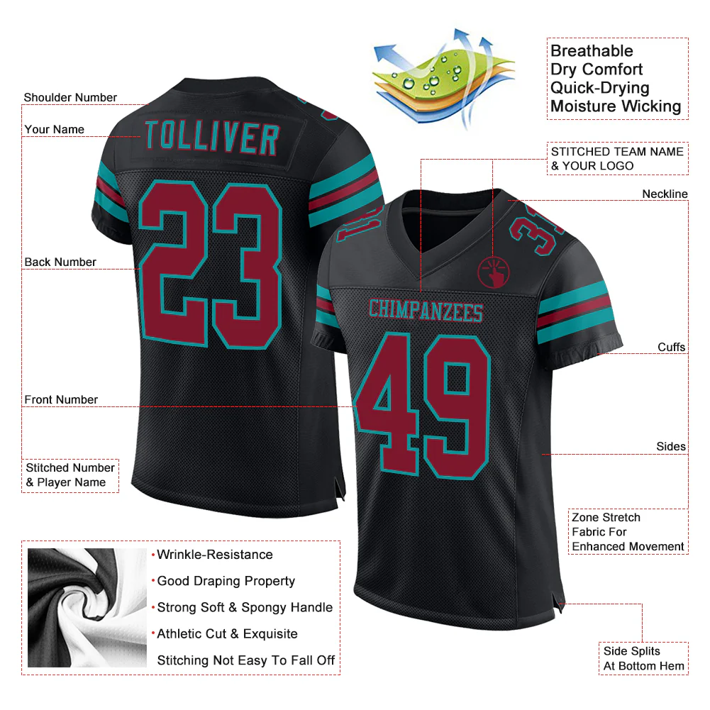 Custom Black Crimson-Teal Mesh Authentic Football Jersey - Image 2