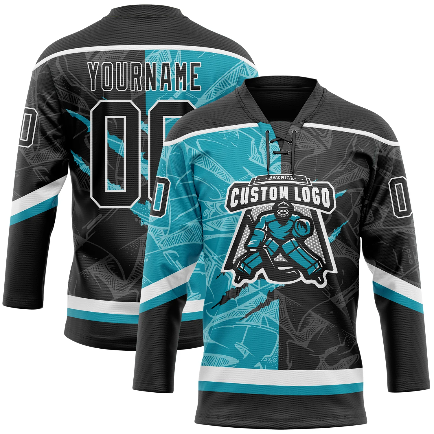 Custom Black Teal-White 3D Pattern Gradient Fashion Scratch Hockey Lace Neck Jersey - Image 2