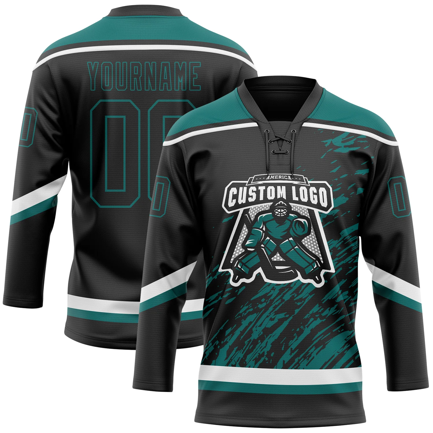 Custom Black Teal-White 3D Splash Art Hockey Lace Neck Jersey - Image 2