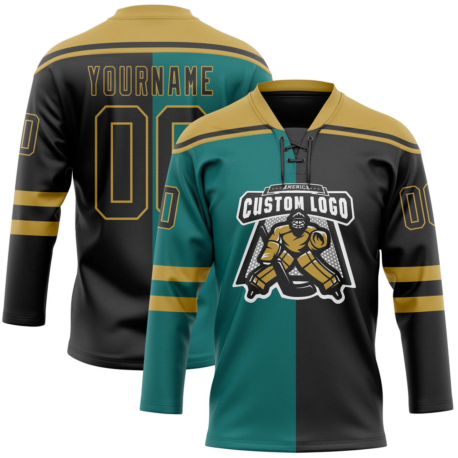 Custom Black Teal-Old Gold Split Fashion Hockey Lace Neck Jersey - Image 2