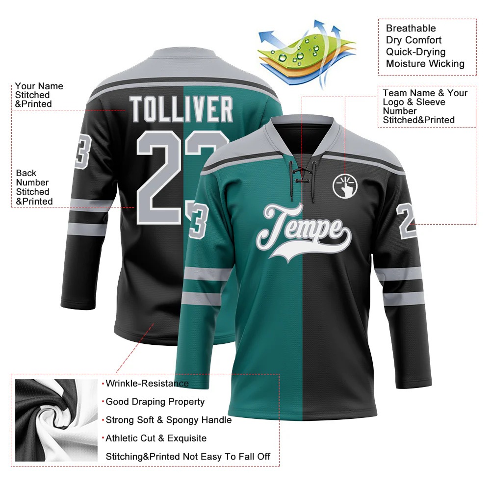 Custom Black Gray Teal-White Split Fashion Hockey Lace Neck Jersey - Image 5