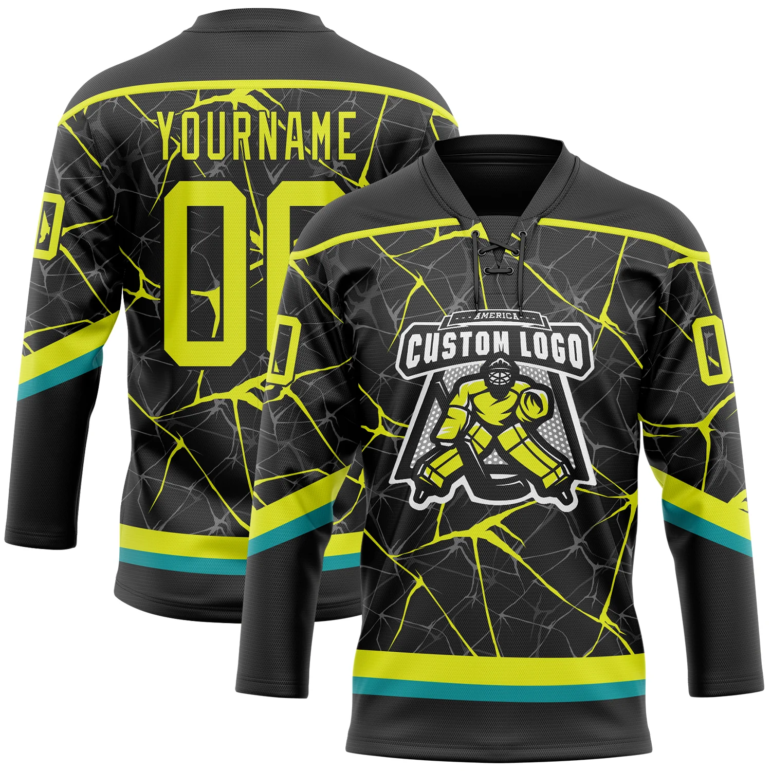 Custom Black Neon Yellow-Teal 3D Pattern Abstract Network Hockey Lace Neck Jersey - Image 2