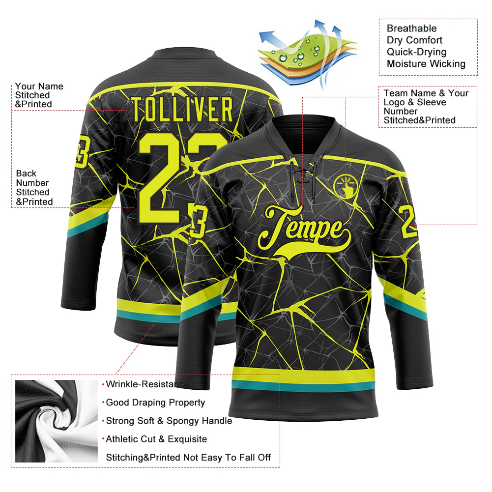 Custom Black Neon Yellow-Teal 3D Pattern Abstract Network Hockey Lace Neck Jersey - Image 3