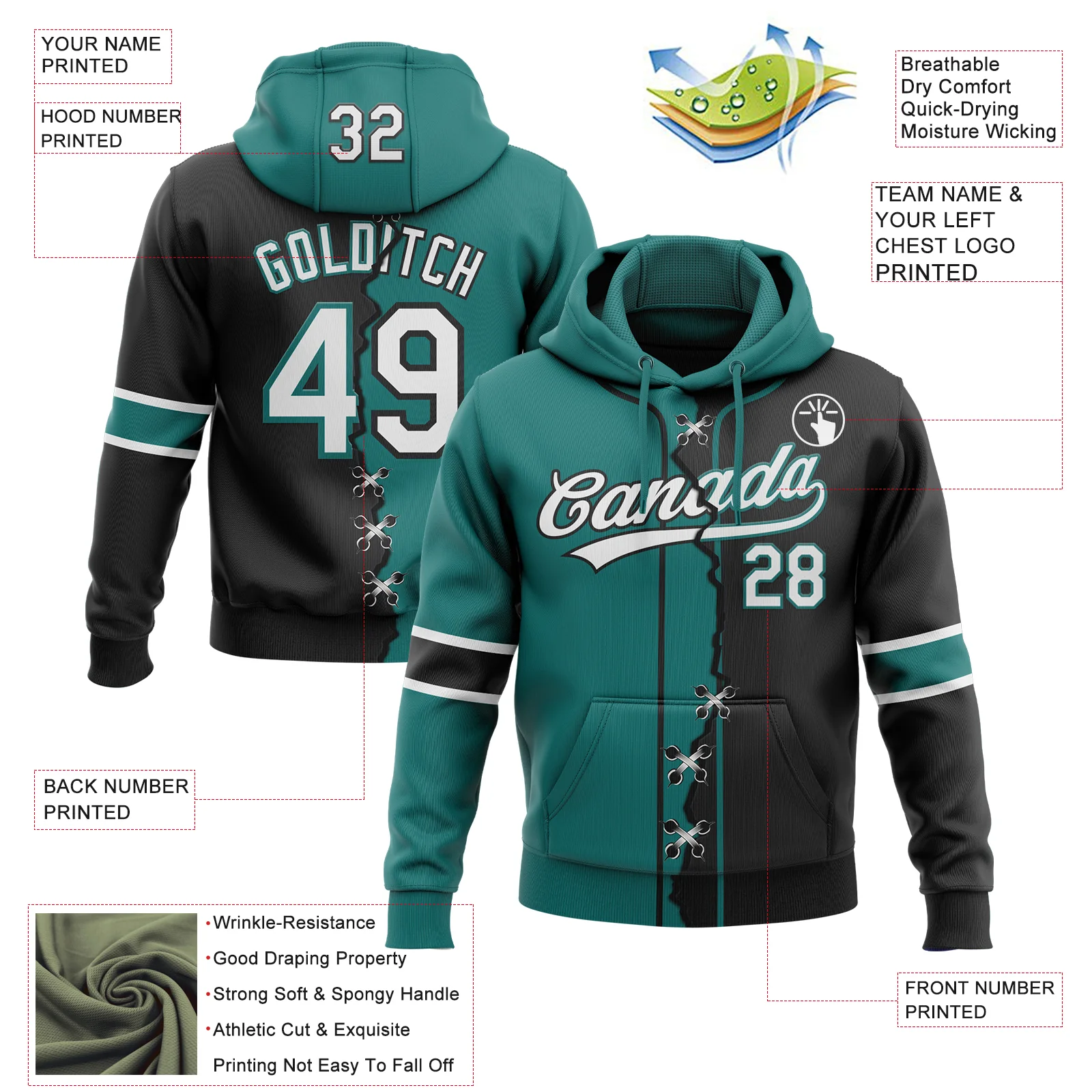 Custom Black White-Teal Split Ripped Pattern Baseball Pullover Sweatshirt Hoodie - Image 4