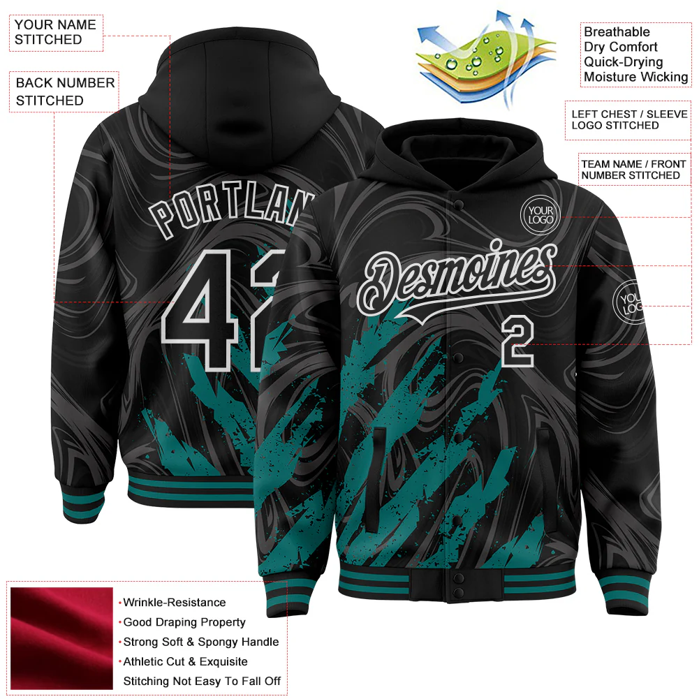 Custom Black Teal-White Splash Bomber Full-Snap Varsity Letterman Hoodie Jacket - Image 4
