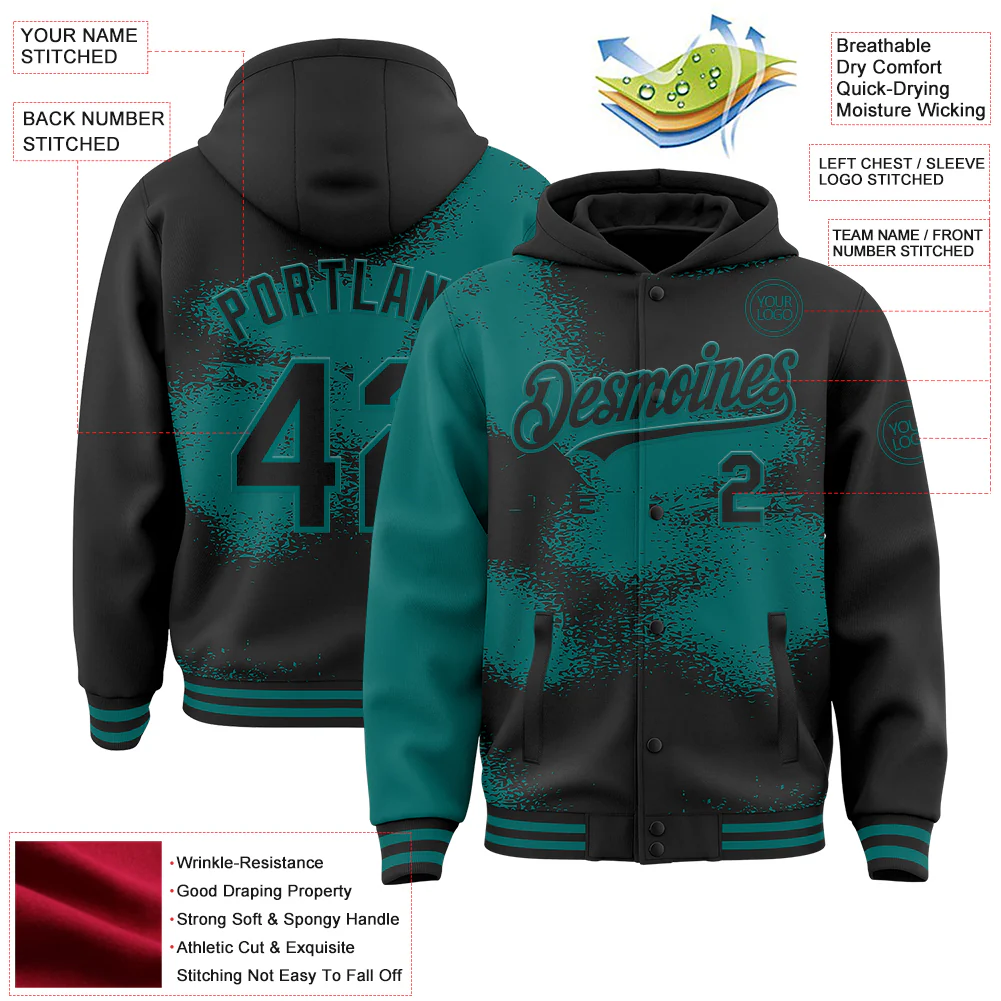 Custom Black Teal Abstract Color Blocks Fragment Pattern Bomber Full-Snap Varsity Letterman Hoodie Jacket - Image 4