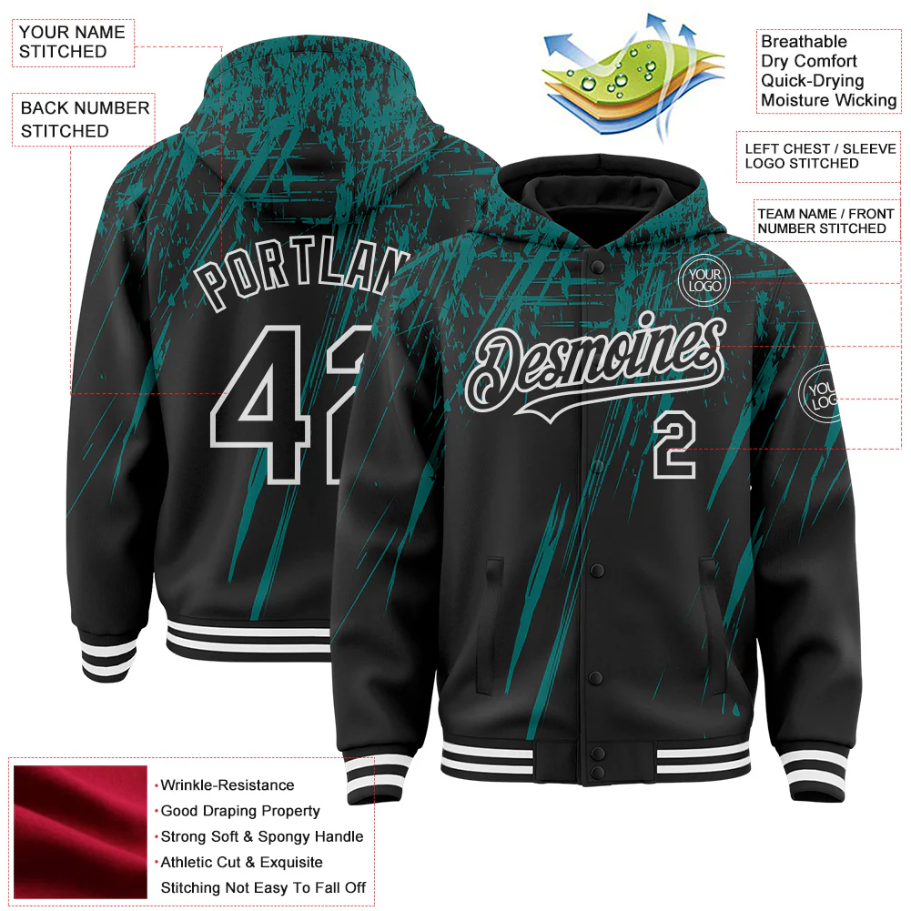 Custom Black Teal-White Splash Bomber Full-Snap Varsity Letterman Hoodie Jacket - Image 4
