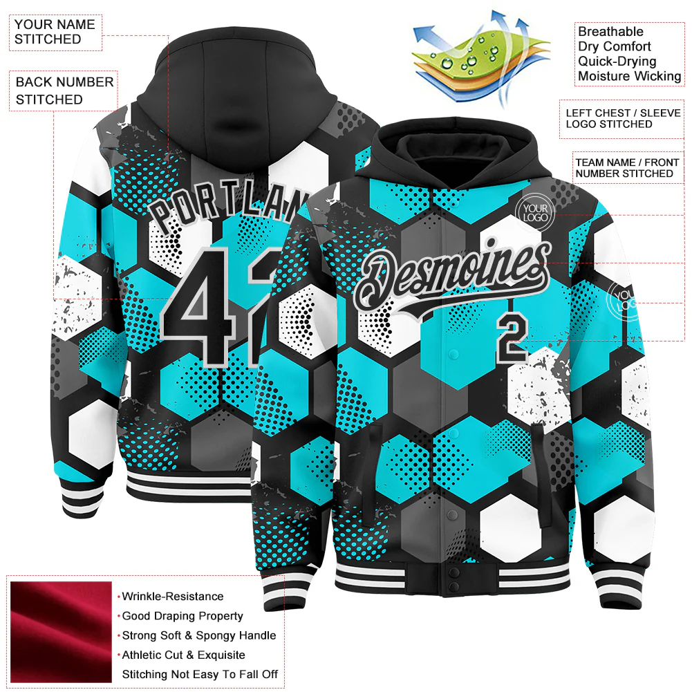 Custom Black Teal-White Geometric Shape Bomber Full-Snap Varsity Letterman Hoodie Jacket - Image 4