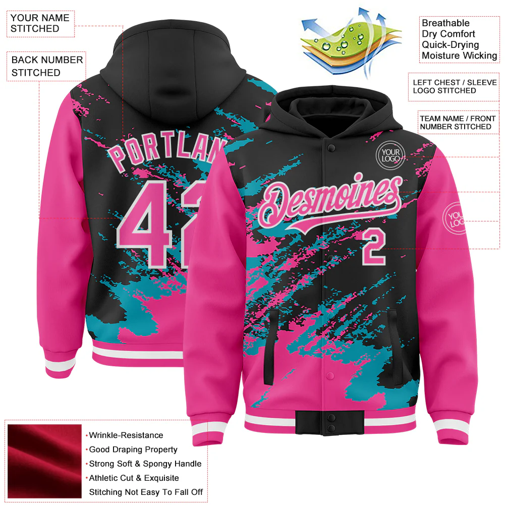 Custom Black Pink Teal-White Splash Art 3D Pattern Design Bomber Full-Snap Varsity Letterman Hoodie Jacket - Image 4