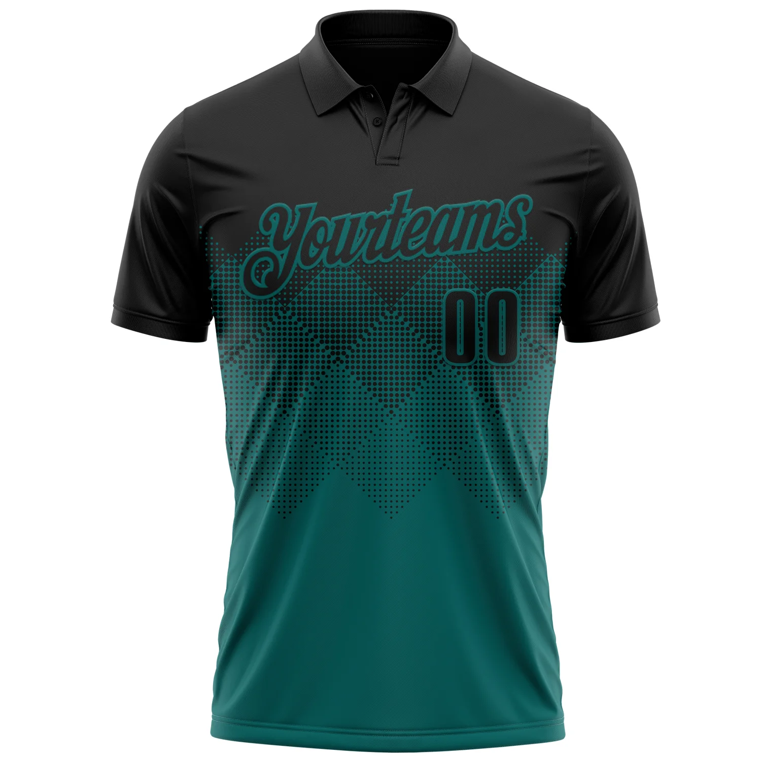 Custom Black Teal 3D Pattern Design Gradient Square Shape Performance Polo Shirt - Image 2