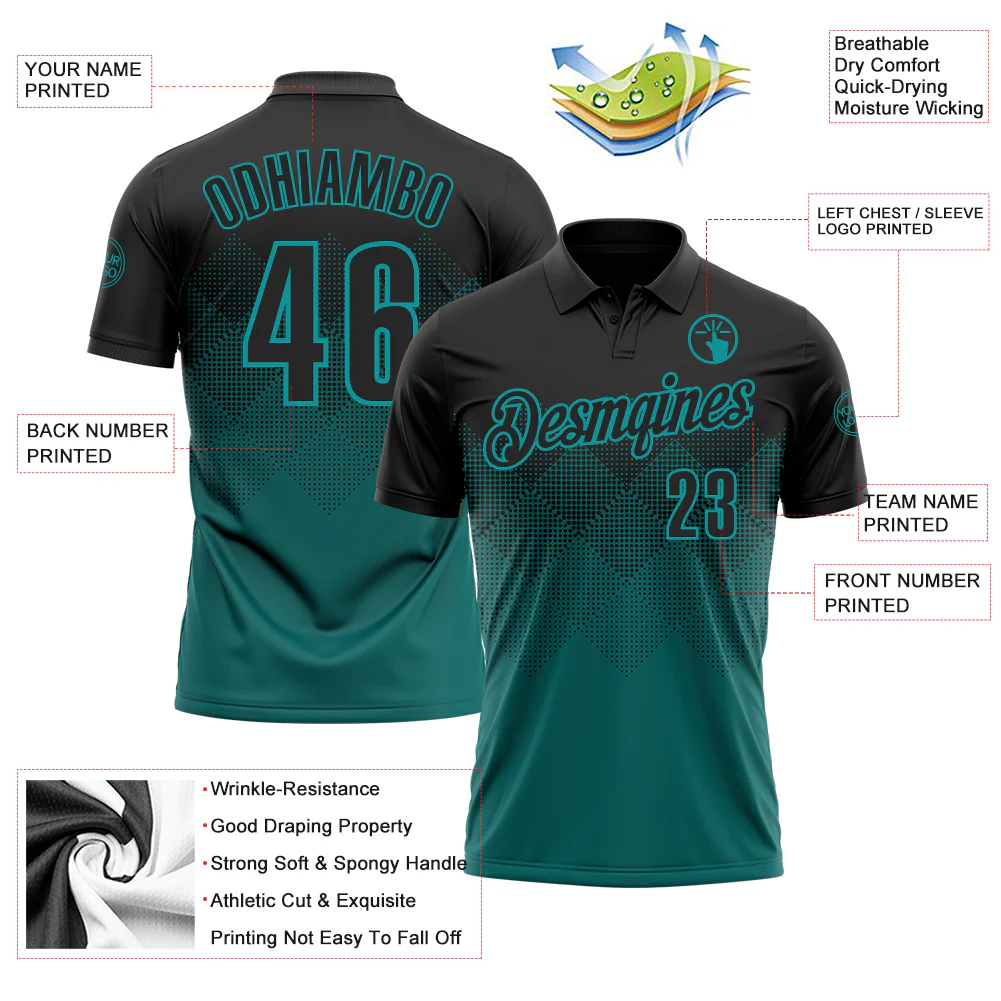 Custom Black Teal 3D Pattern Design Gradient Square Shape Performance Polo Shirt - Image 3