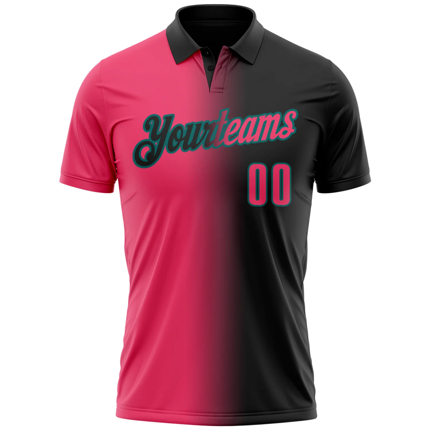 Custom Black Neon Pink-Teal 3D Gradient Fashion Performance Polo Shirt - Image 2