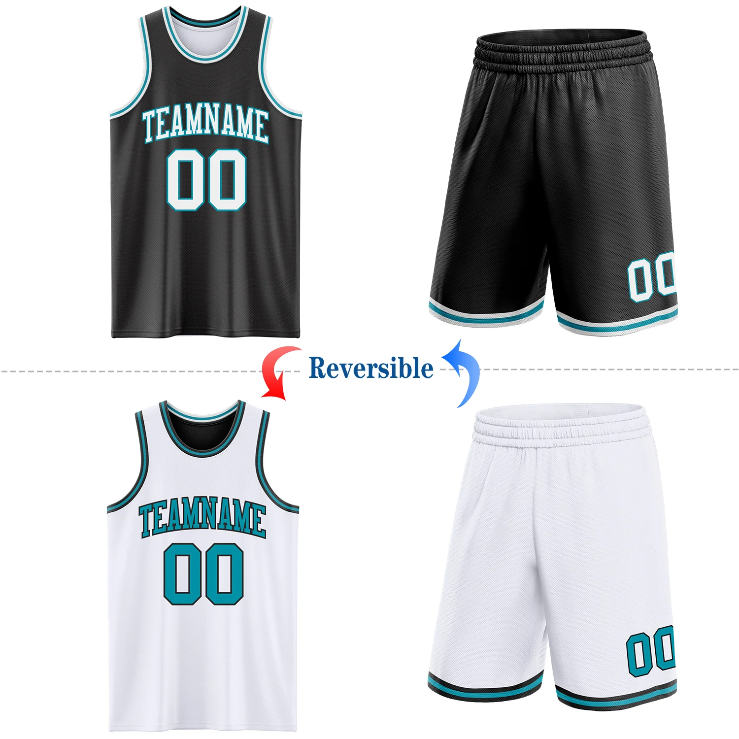Custom Reversible Black White-Teal Double Side Sublimation Basketball Suit Jersey - Image 2