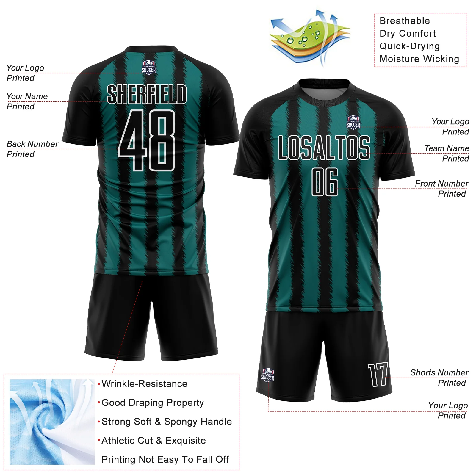 Custom Black Teal-White Line Sublimation Soccer Uniform Jersey - Image 4
