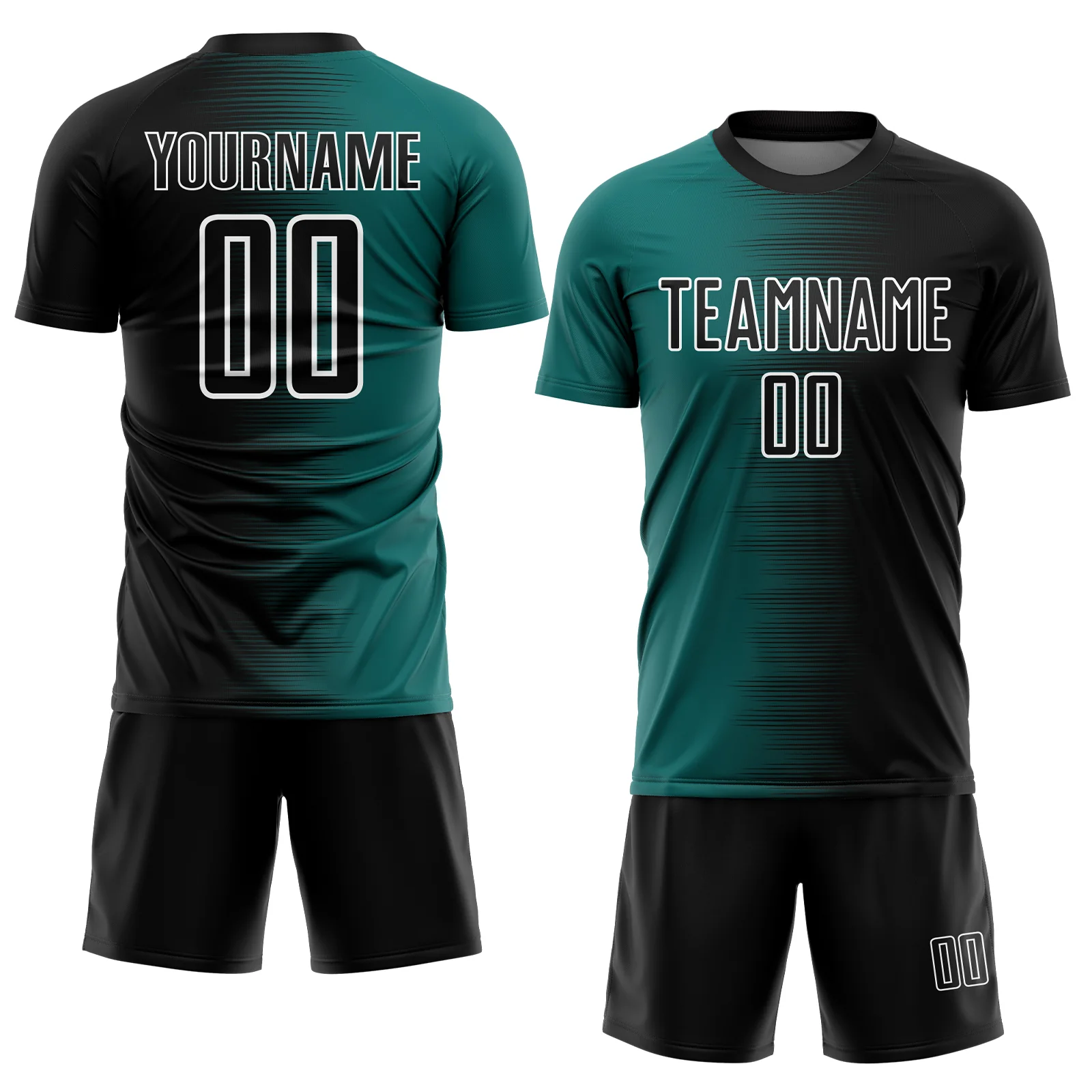 Custom Black Teal-White Gradient Line Sublimation Soccer Uniform Jersey - Image 2