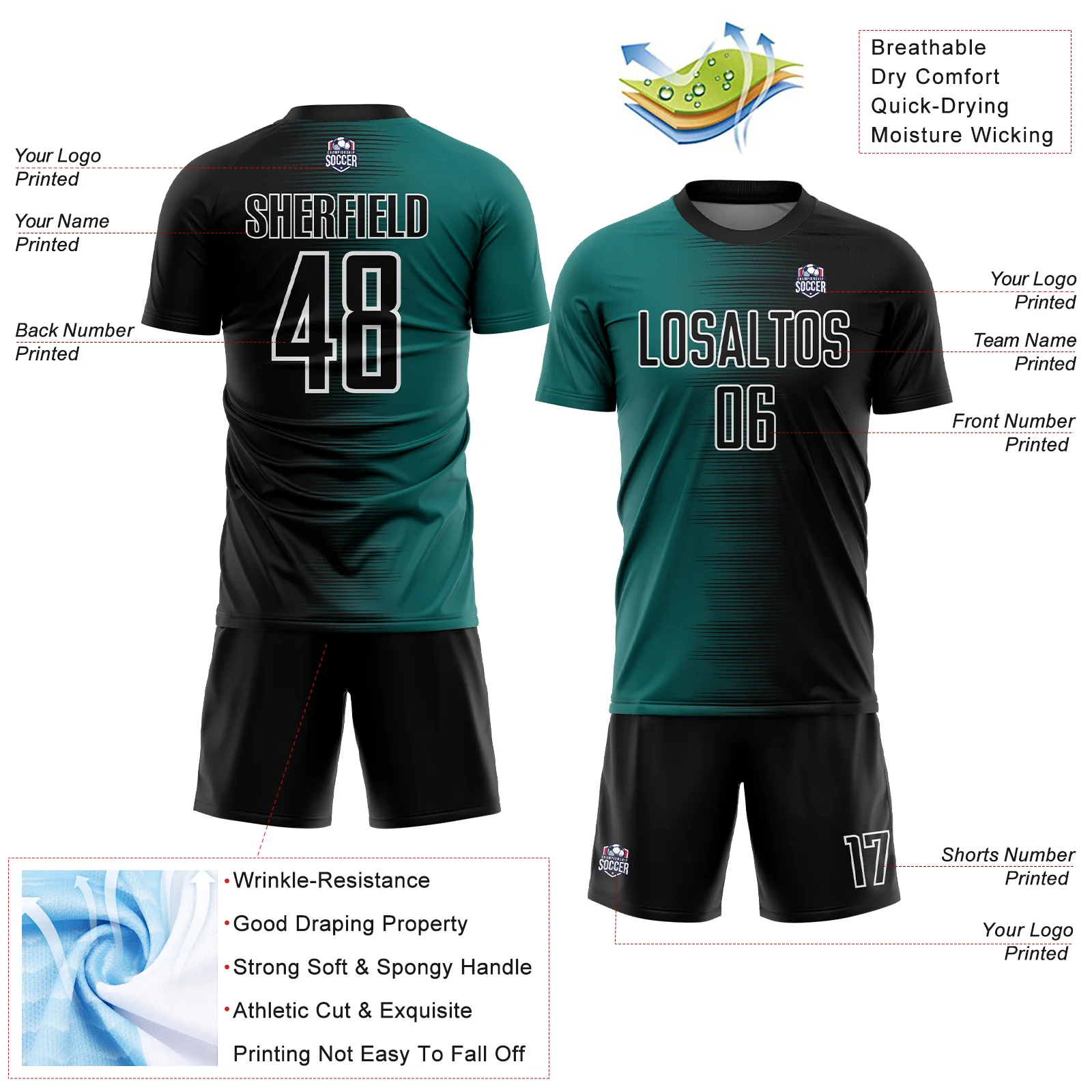 Custom Black Teal-White Gradient Line Sublimation Soccer Uniform Jersey - Image 4