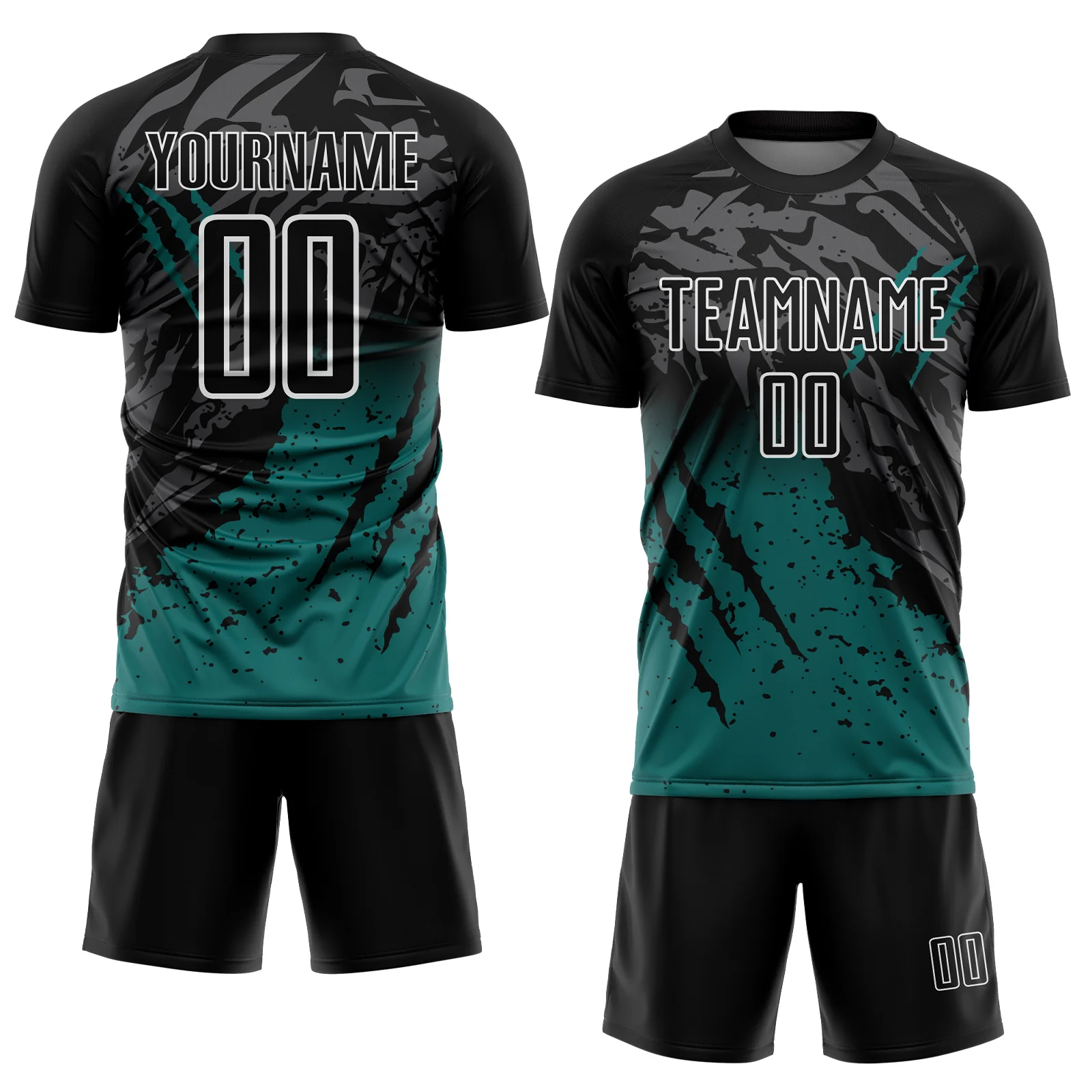 Custom Black Teal-White Gradient Scratch Splash Sublimation Soccer Uniform Jersey - Image 2