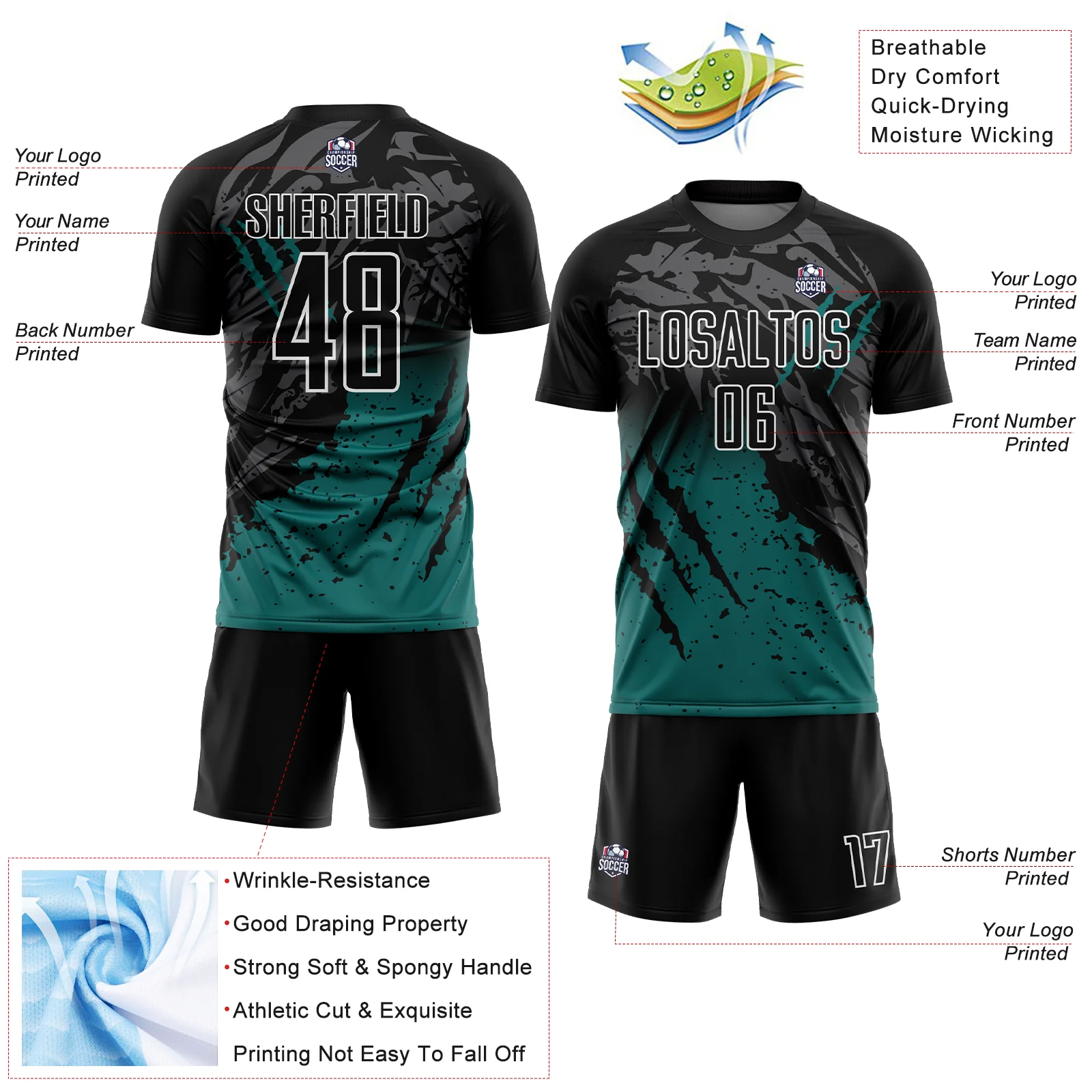 Custom Black Teal-White Gradient Scratch Splash Sublimation Soccer Uniform Jersey - Image 4