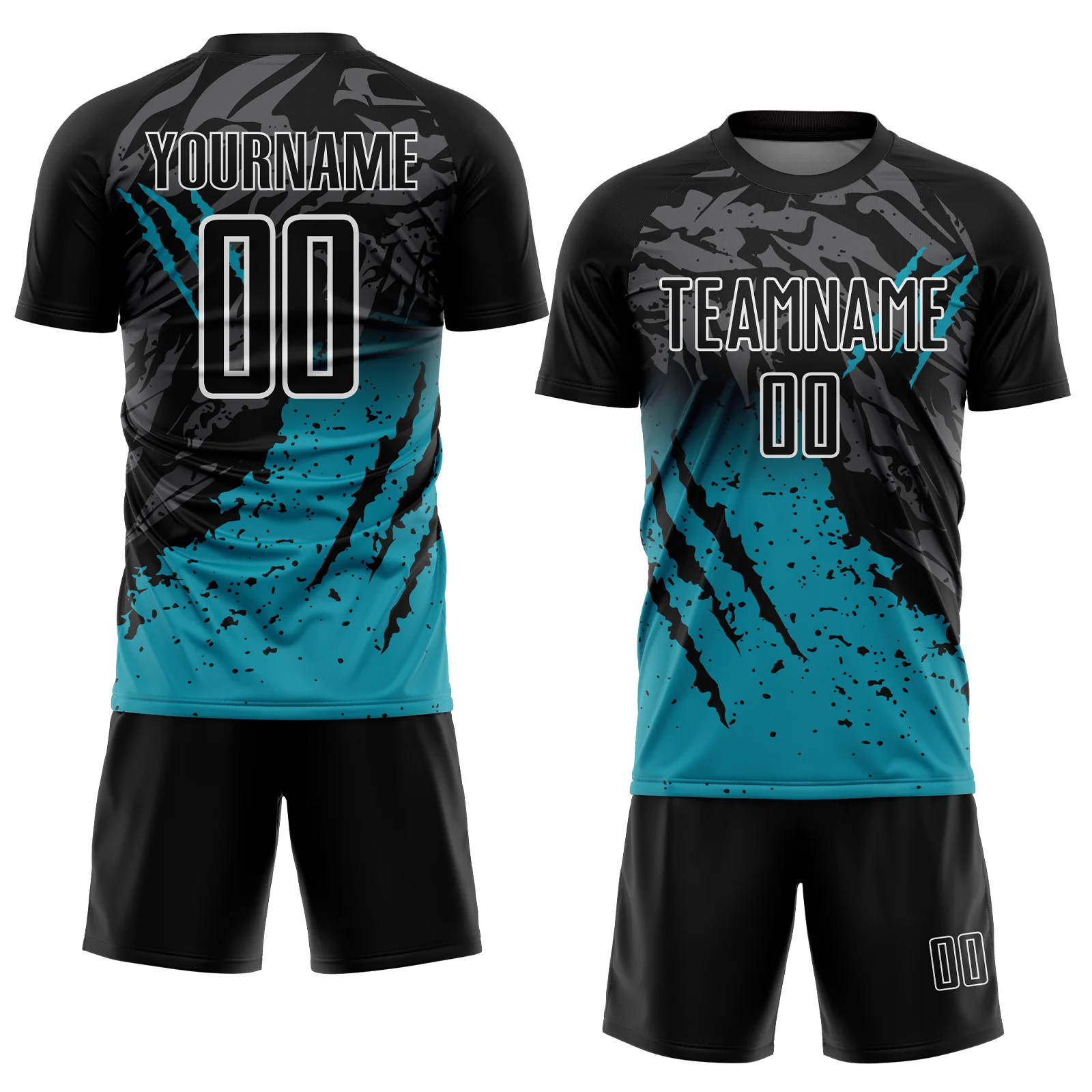 Custom Black Teal-White Gradient Scratch Splash Sublimation Soccer Uniform Jersey - Image 2