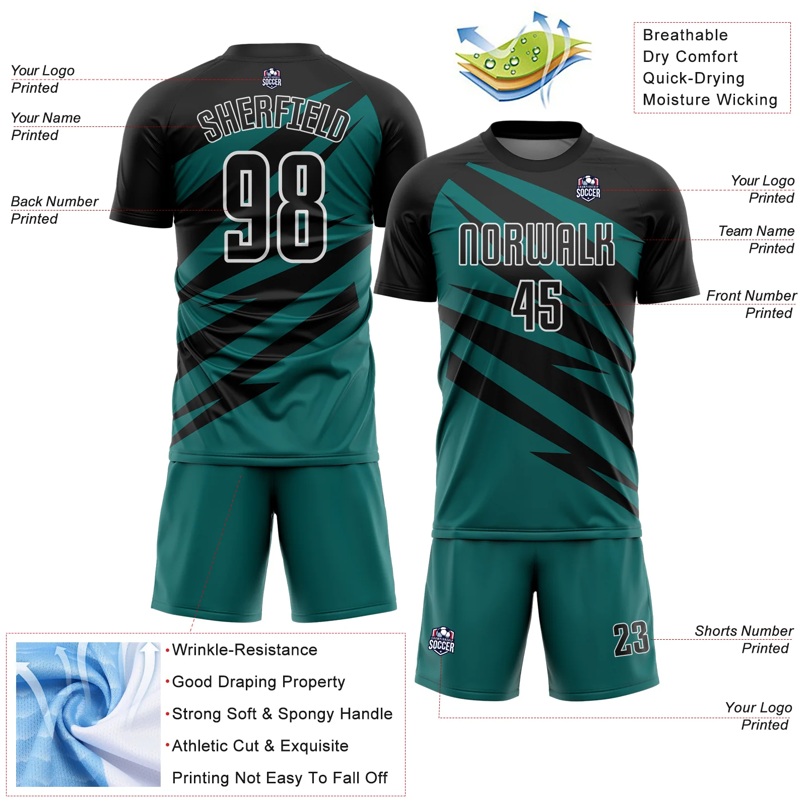 Custom Black Teal-White Abstract Line Sports Sublimation Soccer Uniform Jersey - Image 4