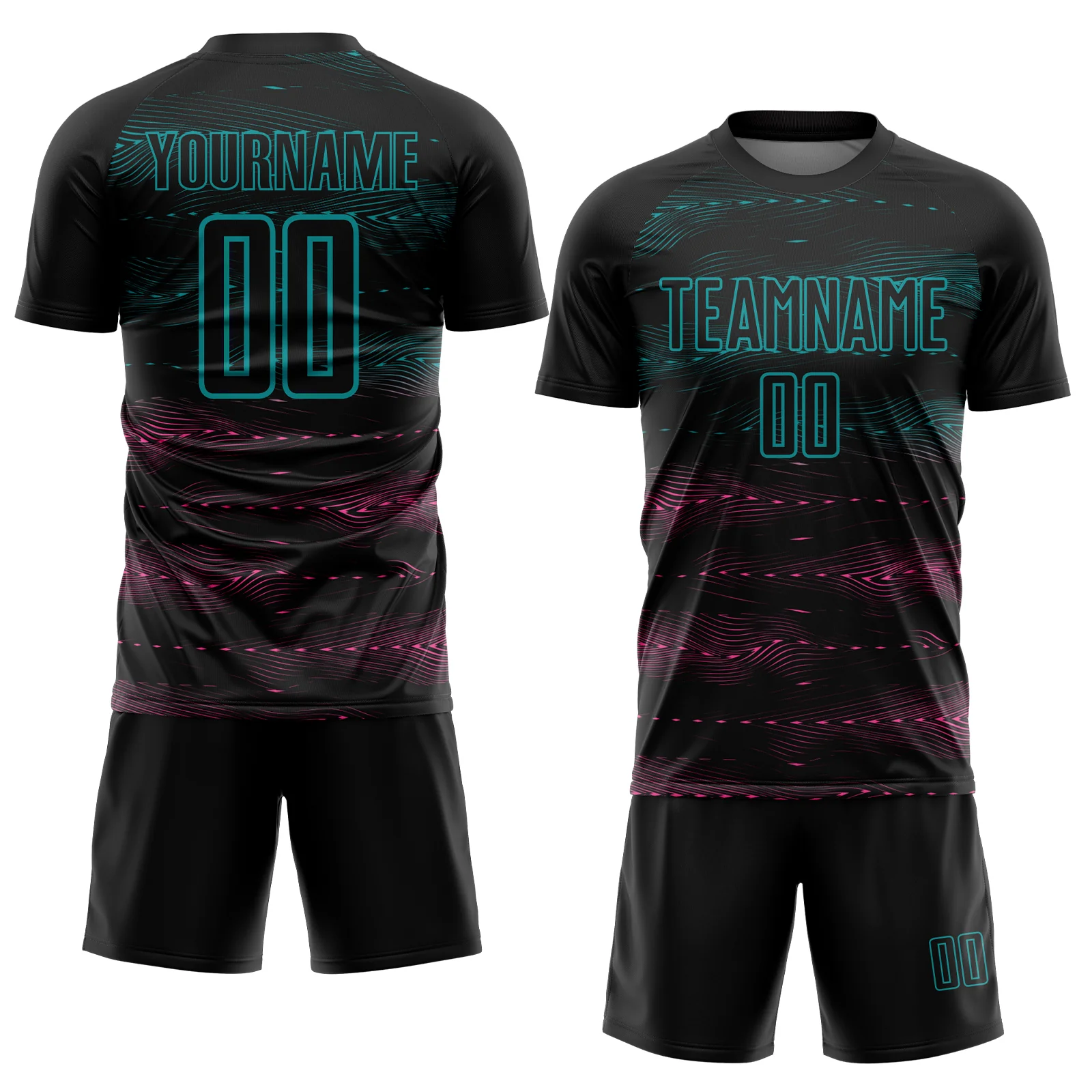 Custom Black Teal-Pink Streamline Wave Cyberpunk Neon Tech Sports Sublimation Soccer Uniform Jersey - Image 2