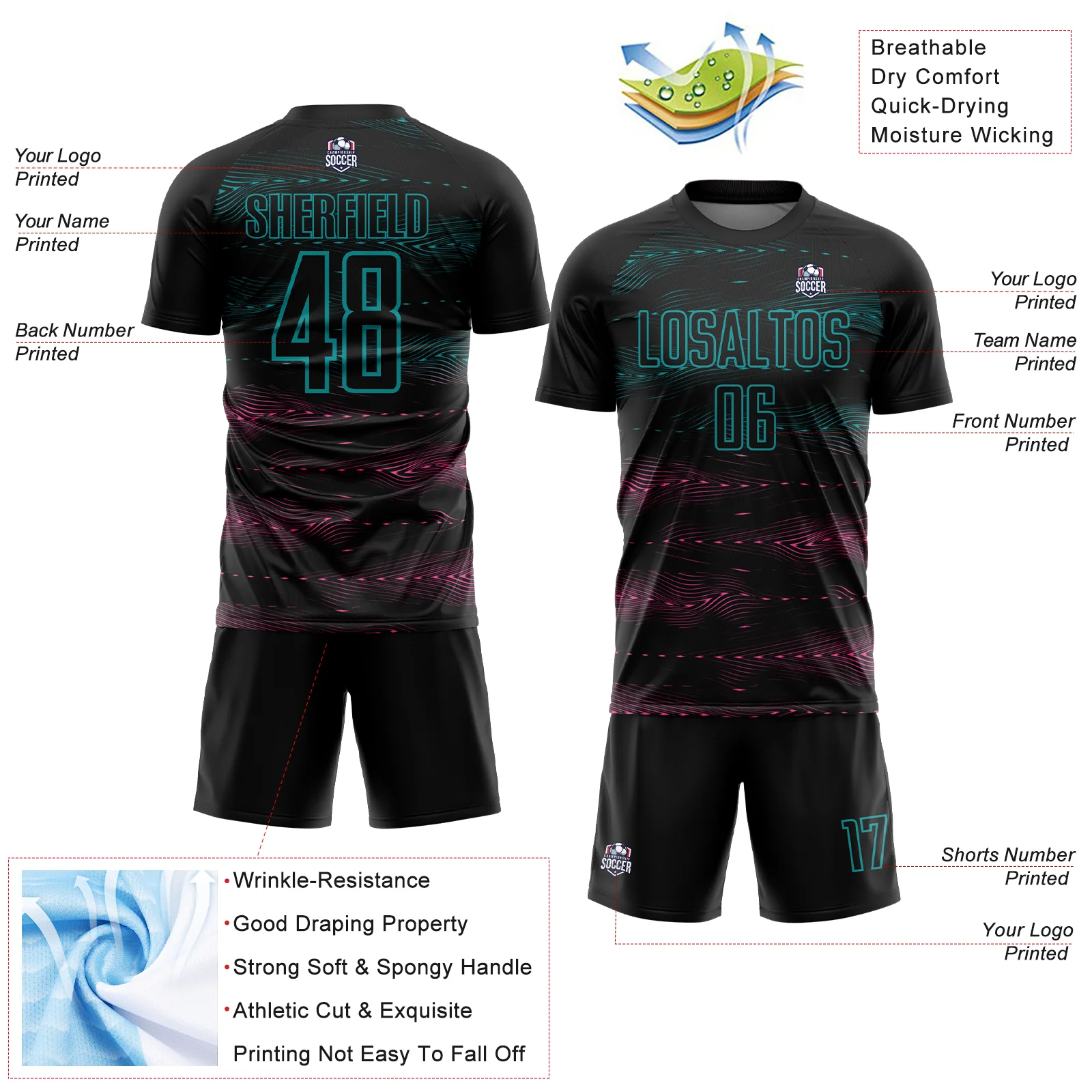 Custom Black Teal-Pink Streamline Wave Cyberpunk Neon Tech Sports Sublimation Soccer Uniform Jersey - Image 4