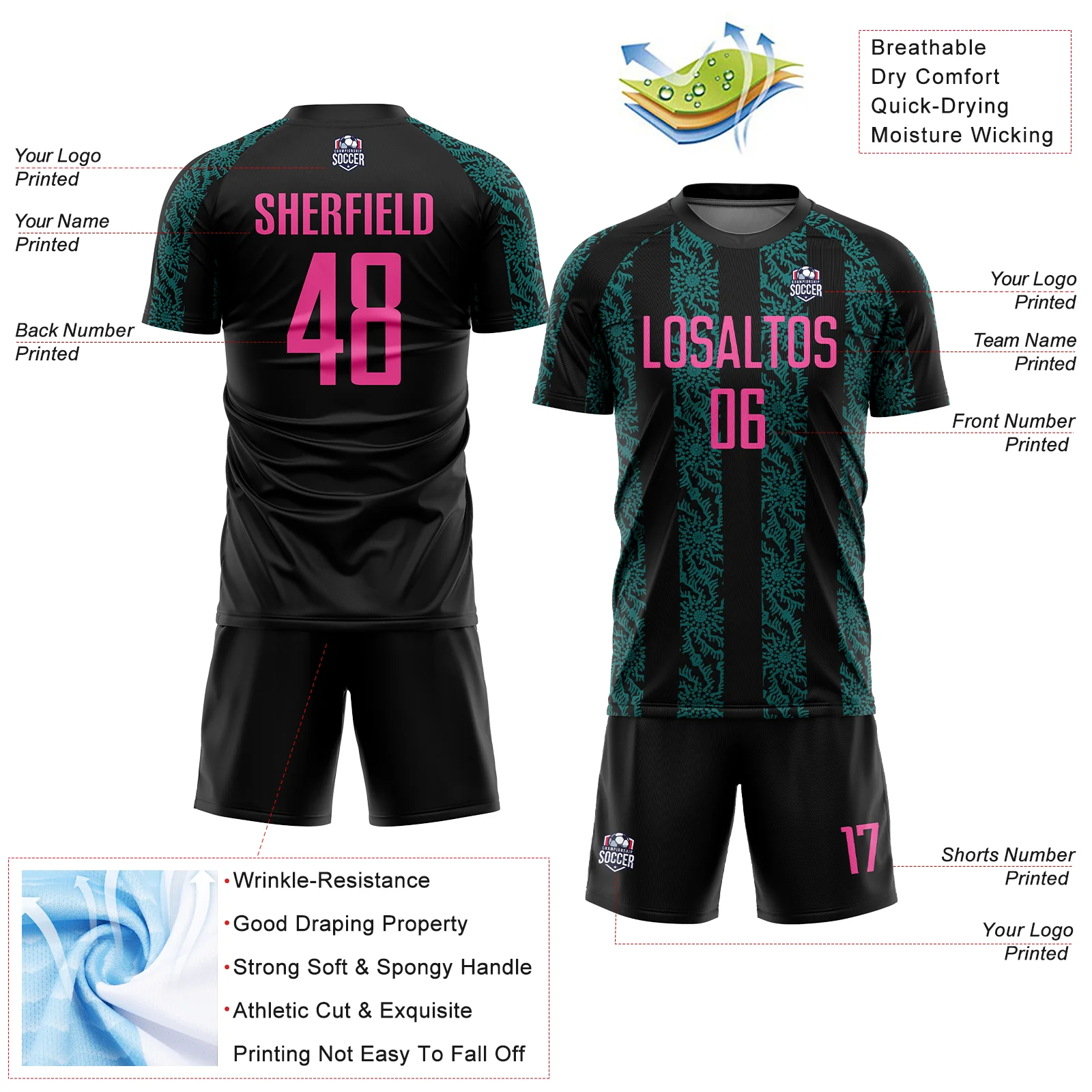 Custom Black Pink-Teal Abstract Shape Sublimation Soccer Uniform Jersey - Image 4