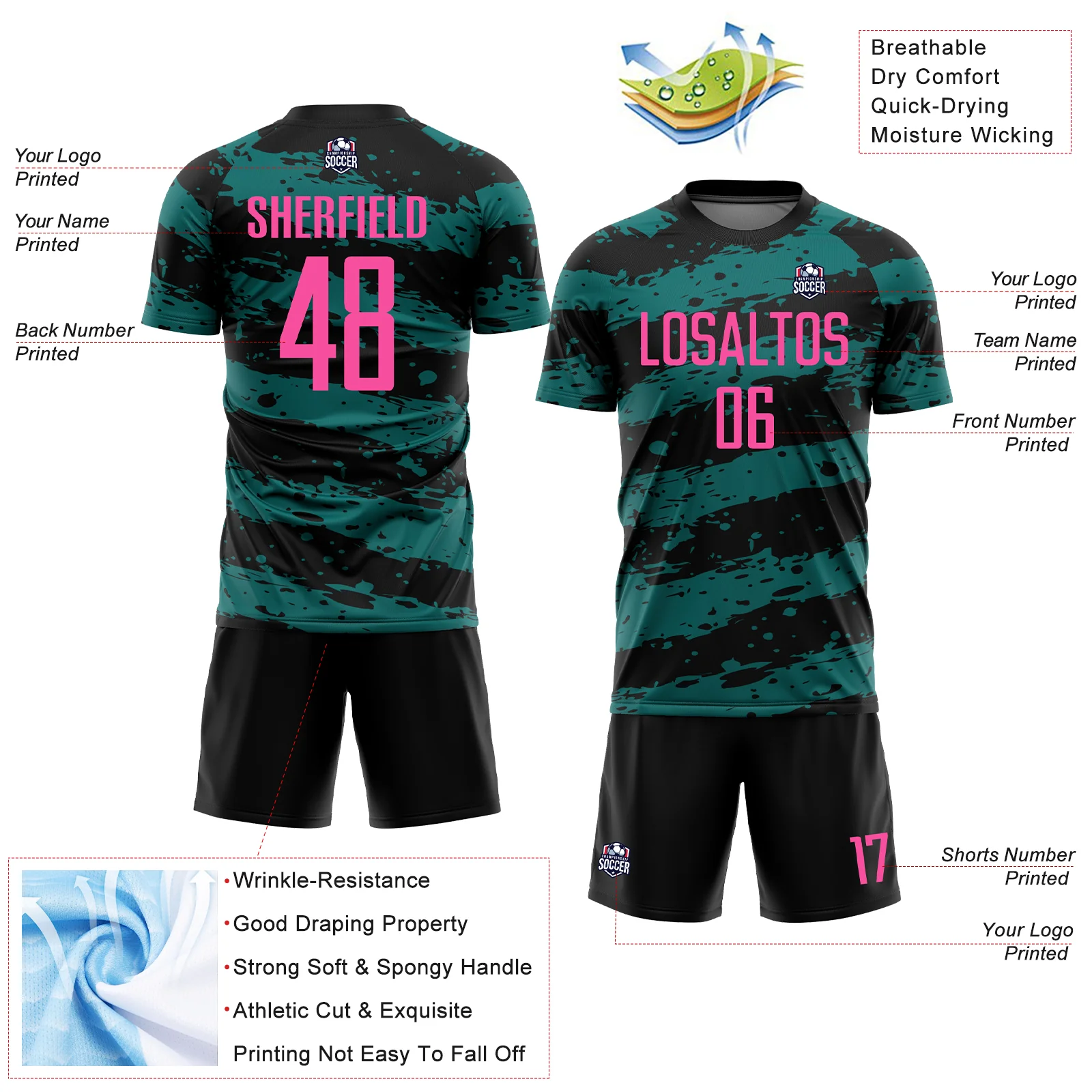 Custom Black Pink-Teal Splash Sublimation Soccer Uniform Jersey - Image 4