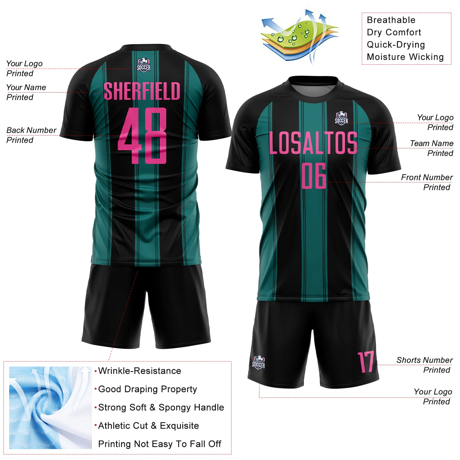 Custom Black Pink-Teal Line Sublimation Soccer Uniform Jersey - Image 4