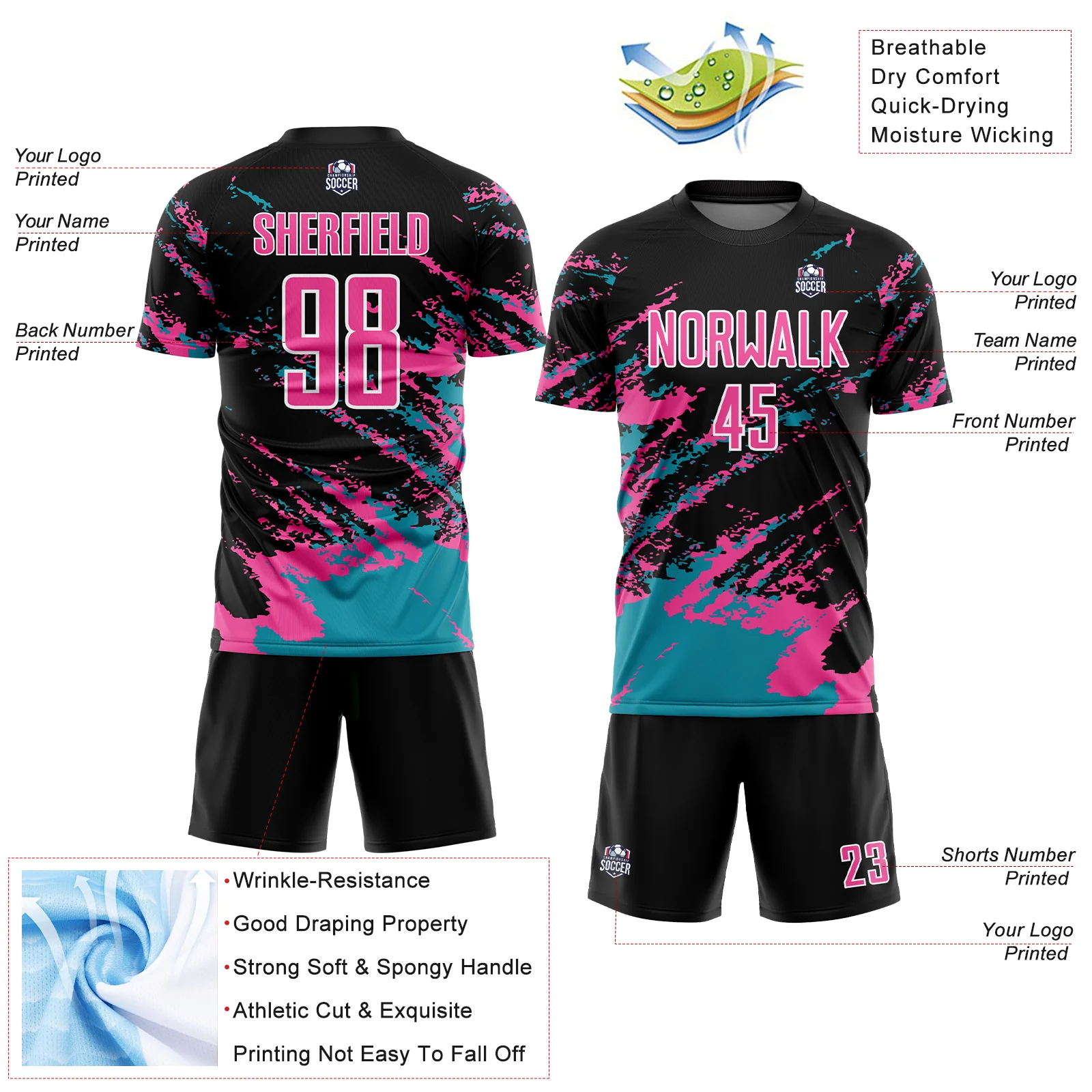 Custom Black Pink-Teal Abstract Fragment Art Splash Sublimation Soccer Uniform Jersey - Image 4