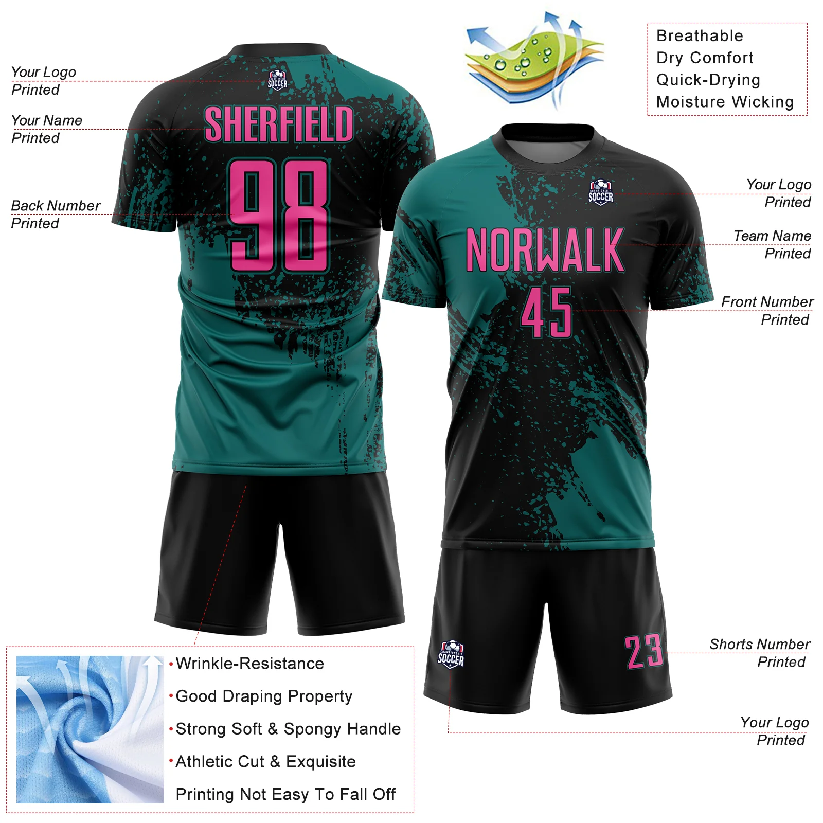 Custom Black Pink-Teal Abstract Brush Stroke Sports Sublimation Soccer Uniform Jersey - Image 4