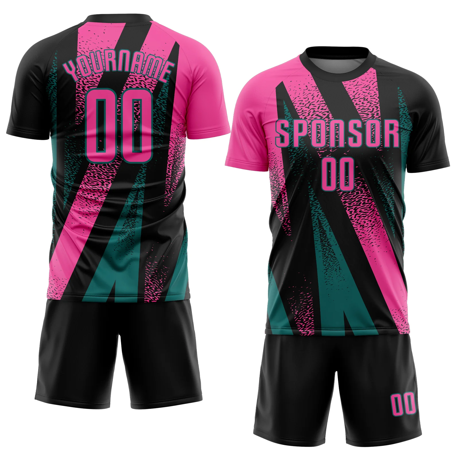 Custom Black Pink-Teal Radial Burst Sports Sublimation Soccer Uniform Jersey - Image 2