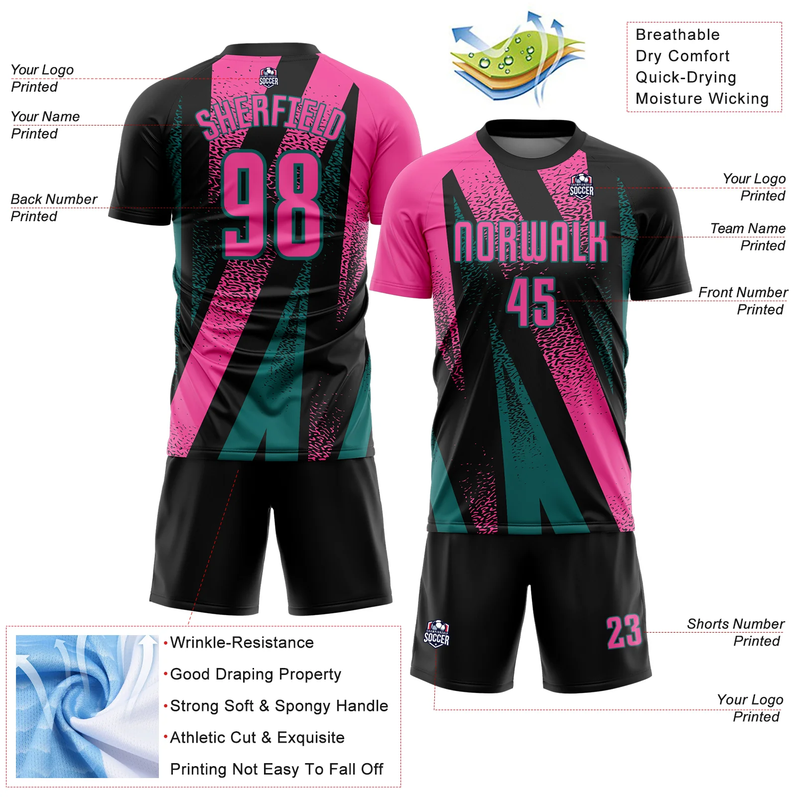 Custom Black Pink-Teal Radial Burst Sports Sublimation Soccer Uniform Jersey - Image 4