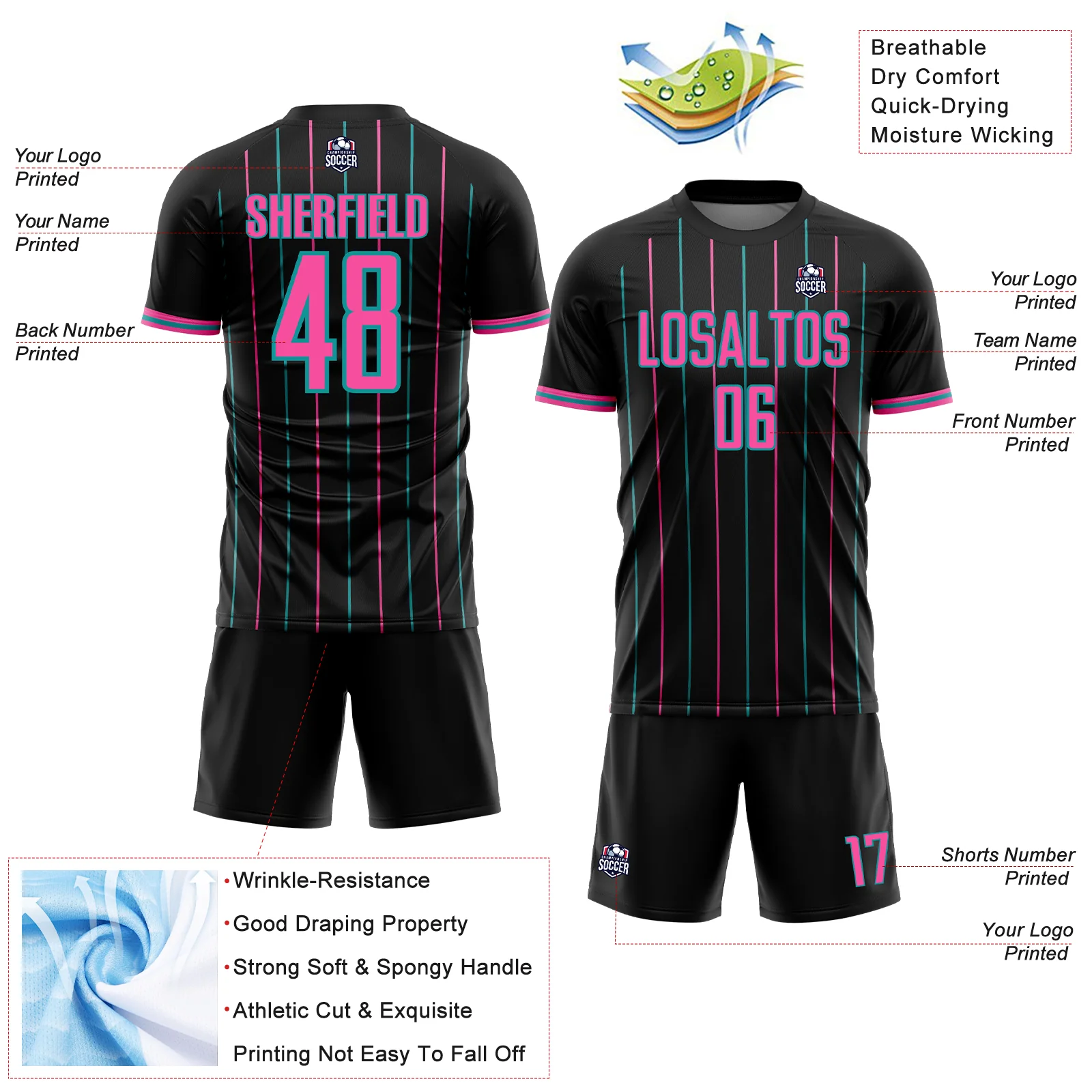 Custom Black Pink-Teal France Vertical Pinstripe Sublimation Soccer Uniform Jersey - Image 4