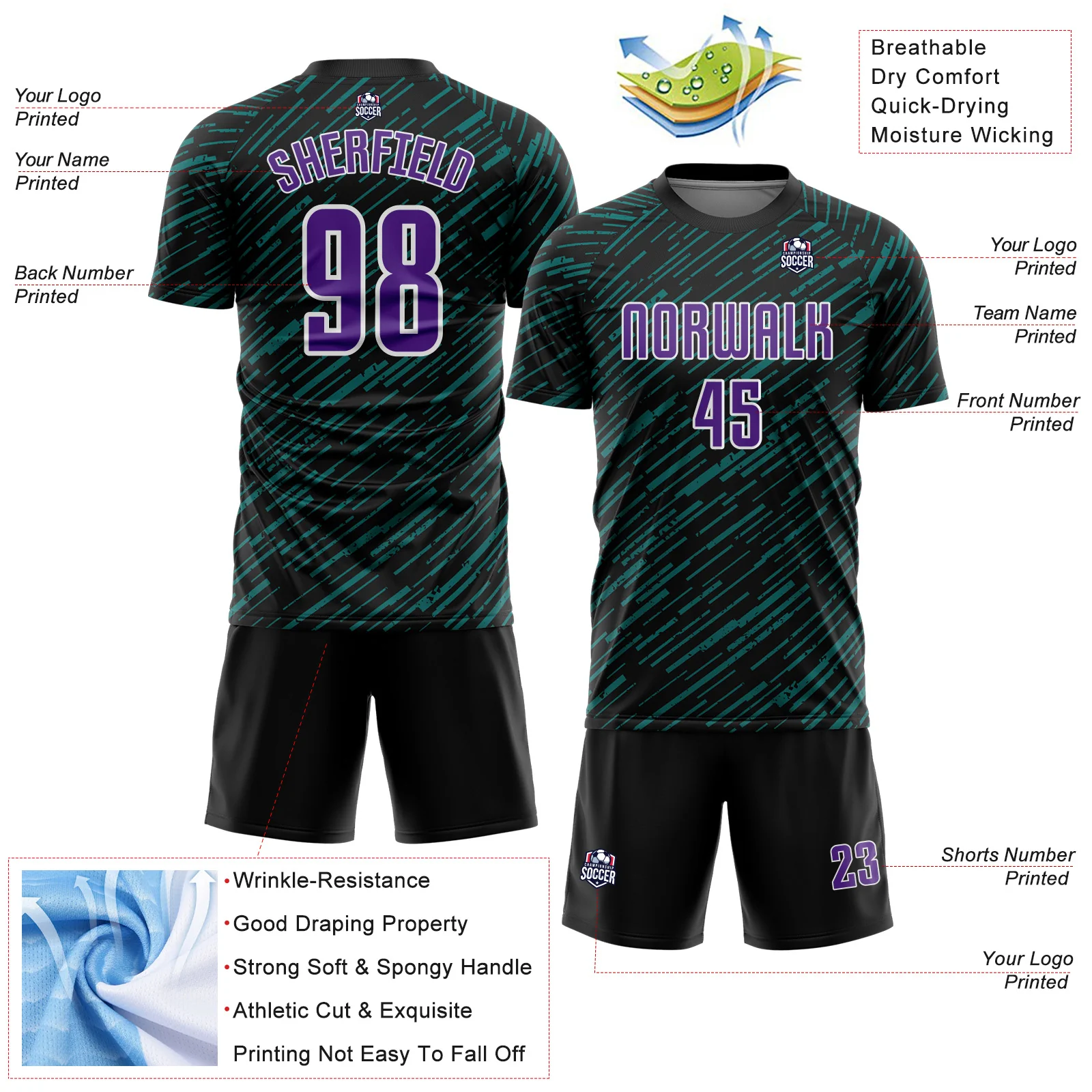 Custom Black Purple Teal-White Line Sports Sublimation Soccer Uniform Jersey - Image 4
