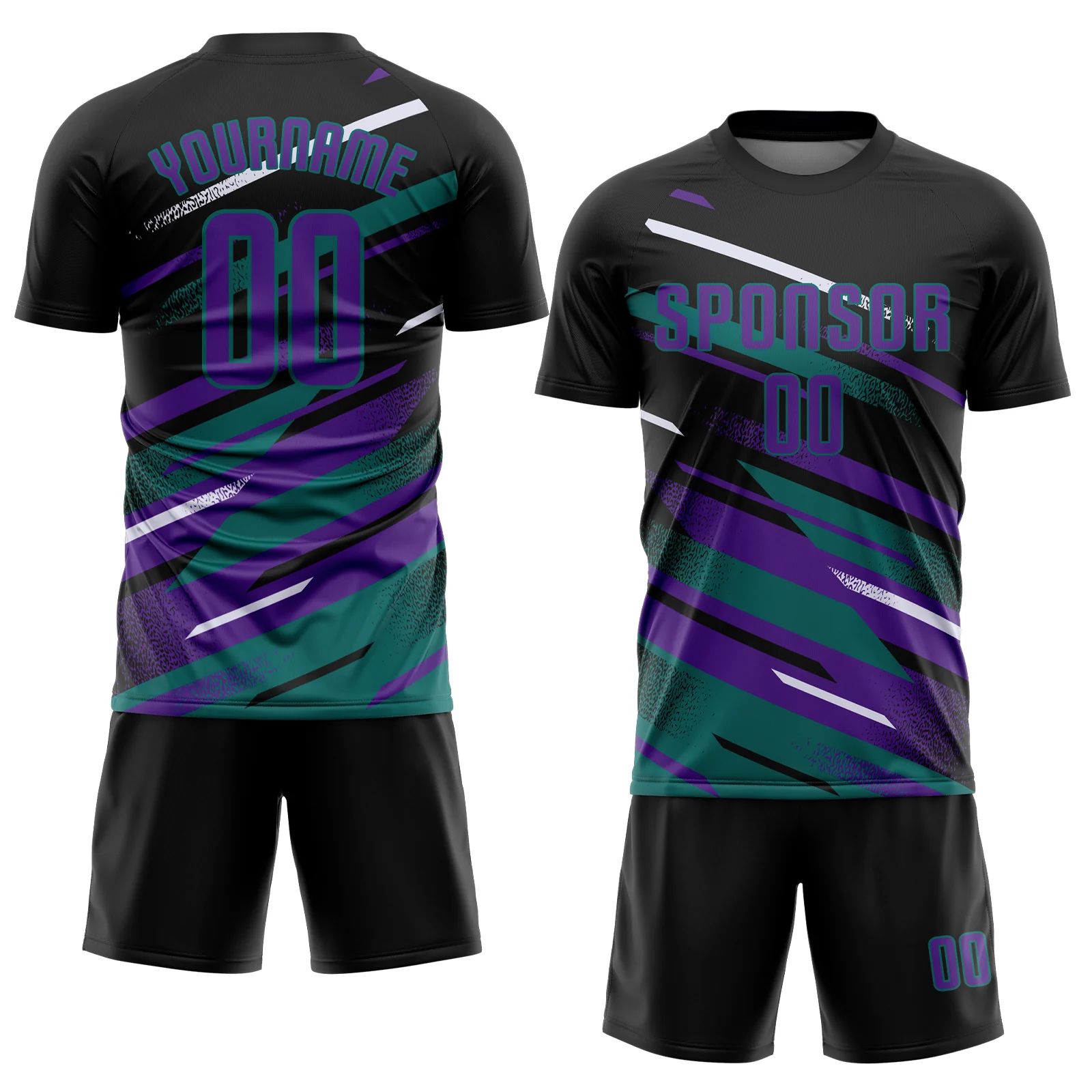 Custom Black Purple Teal-White Grunge Stripe And Grainy Sports Sublimation Soccer Uniform Jersey - Image 2