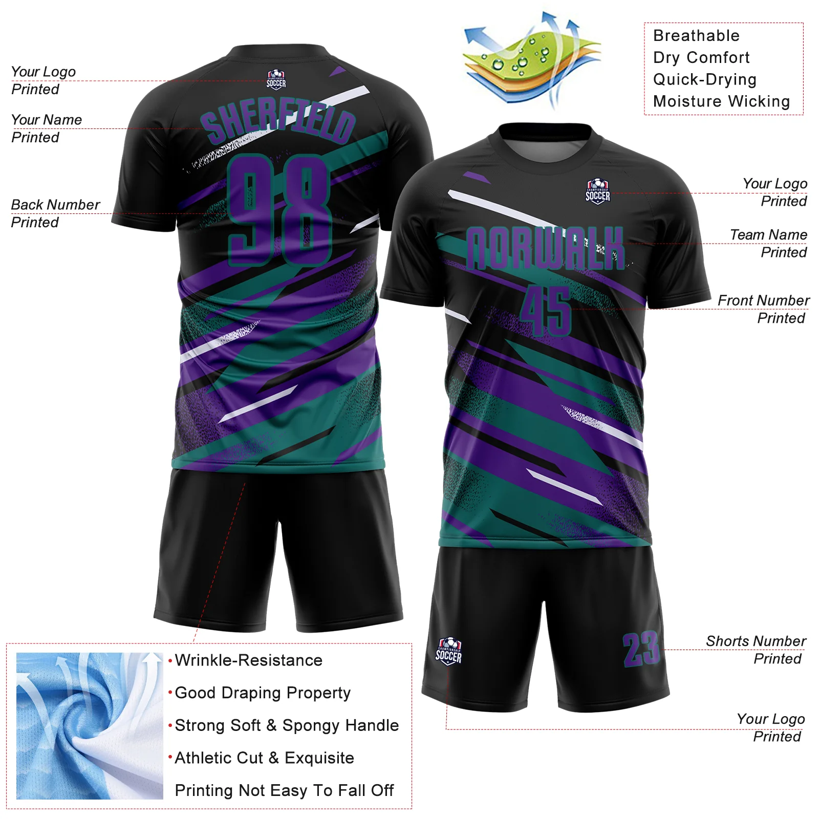 Custom Black Purple Teal-White Grunge Stripe And Grainy Sports Sublimation Soccer Uniform Jersey - Image 4