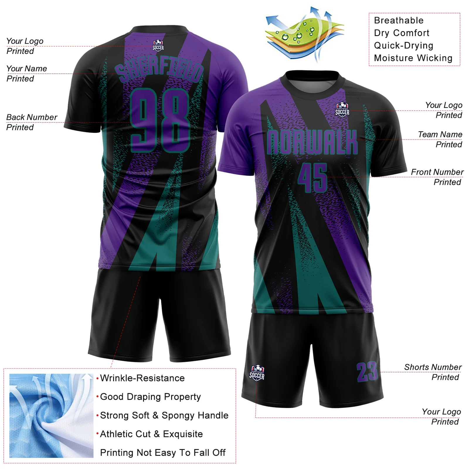 Custom Black Purple-Teal Radial Burst Sports Sublimation Soccer Uniform Jersey - Image 4