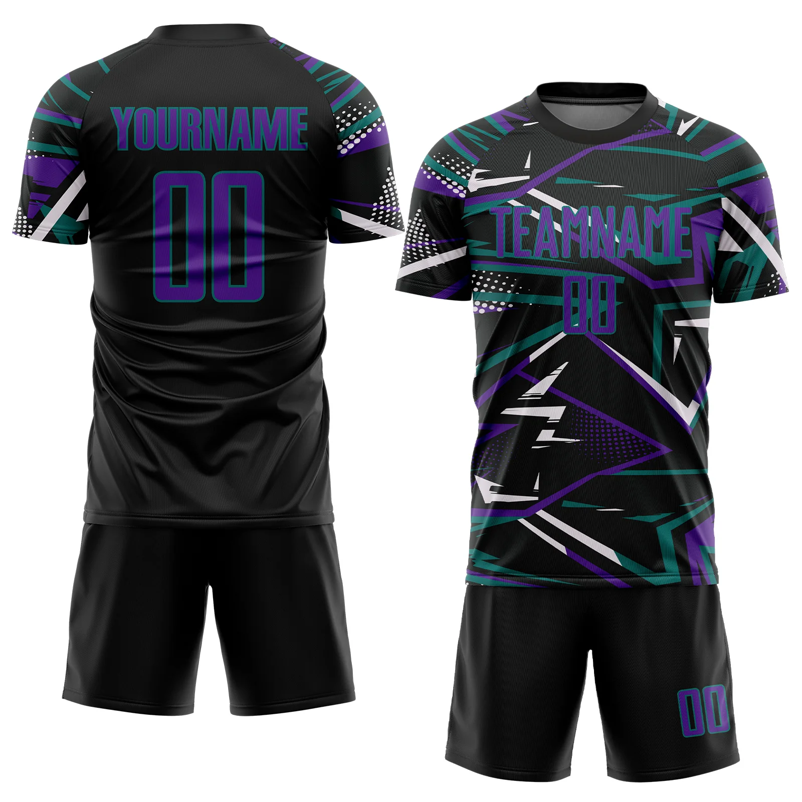 Custom Black Purple Teal-White Abstract Geometric Stripes Sports Sublimation Soccer Uniform Jersey - Image 2